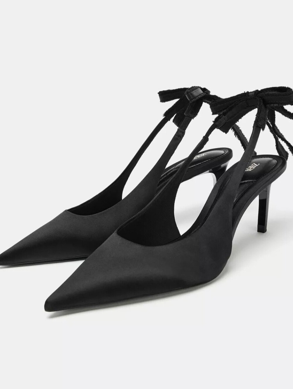 ZARA Black Satin Slingback Pointed Pumps Frayed Bow AirFit Heel New With Tags